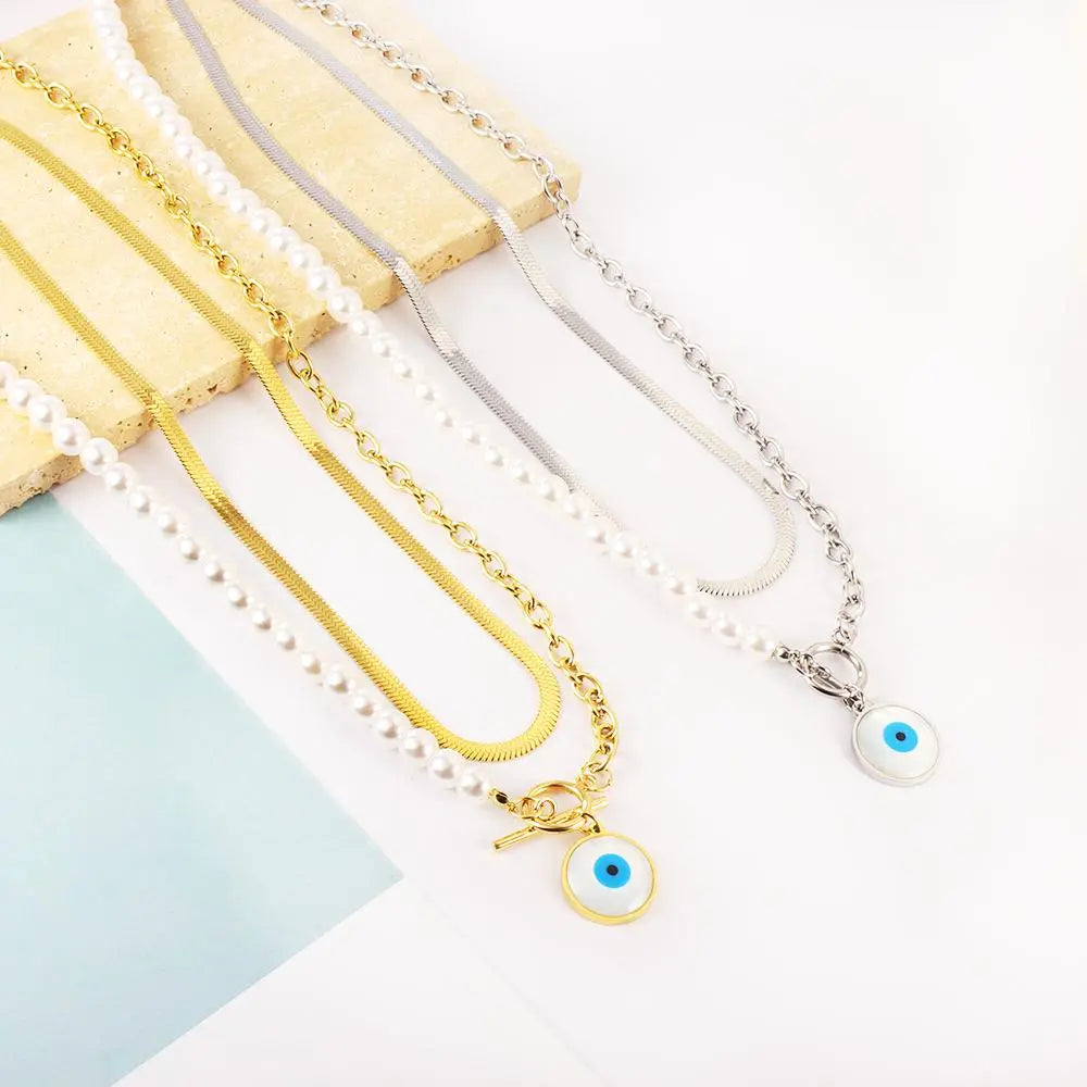 Fashion Shell Evil Eye Pendant Necklace Snake Pearl Double Chain For Women Stainless Steel Turkish Wedding Party Gifts asonjewelry